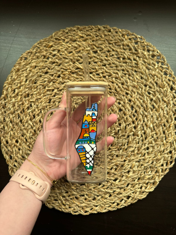 Glass cup with Palestine map - handmade