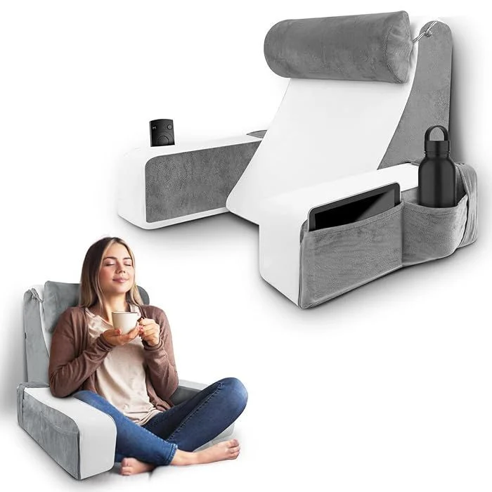 مخدة ظهر مع مساند للذراعين للجلوس على السرير Back pillow with armrests for sitting on the bed.