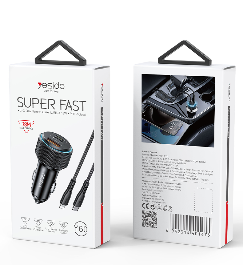 Y60 38W Innovative PD Reverse Charging Built-in TC And IP Cable Dual Port Fast Charging Car Charger