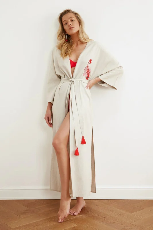  Cosy red fish embroidered belted  Kimono
