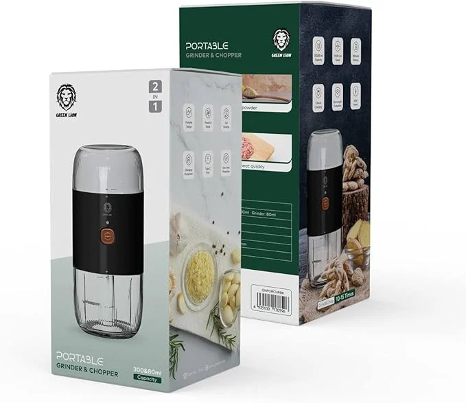 Green Lion Portable Grinder and Chopper 300ml, 80ml Mincer, Overheat Protection, Over Charge Protection, 3 Hours Charging Time, 21000RPM Speed, Type-C Port
