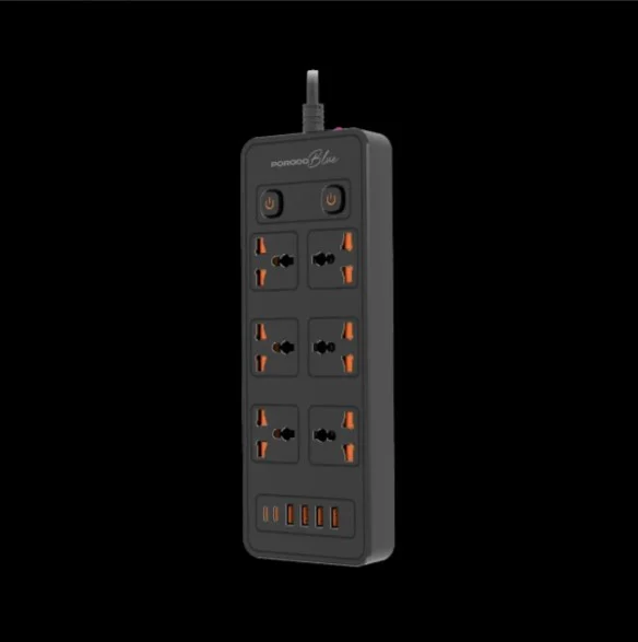 Porodo Blue 6 AC - Dual Switch Power Strip - Black