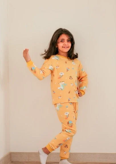 Be Cosy kids winter yellow PJ set with cartoon print