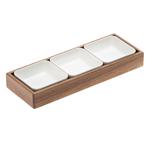 LEONE ACACIA WOOD TRAY W/ 3 MELAMINE BOWL