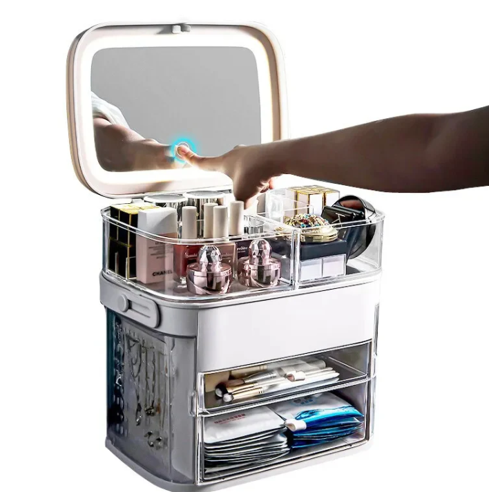Makeup Organizer/Storage Box with Drawers and clear lid With Led