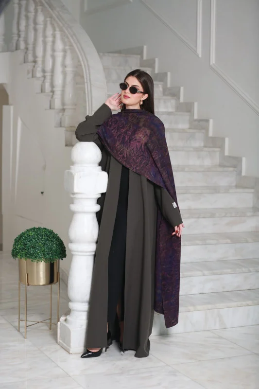 Chic Olive Green Abaya with Artistic Purple Scarf