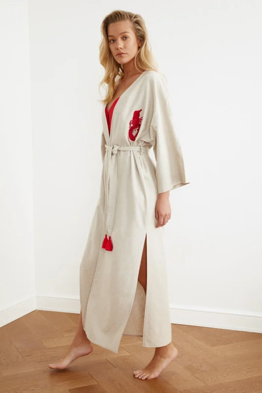 Cosy red lobster embroidered belted Kimono
