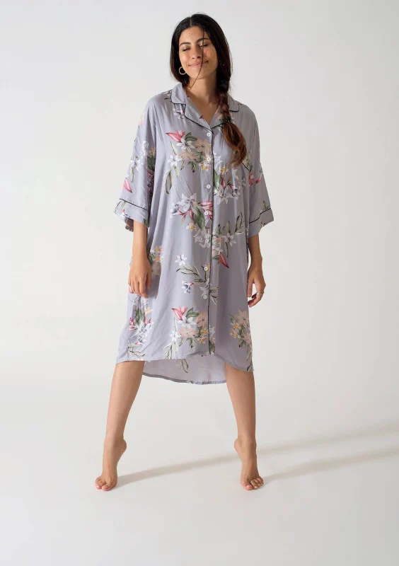 Be Cosy oversized nightdress in grey and white floral print