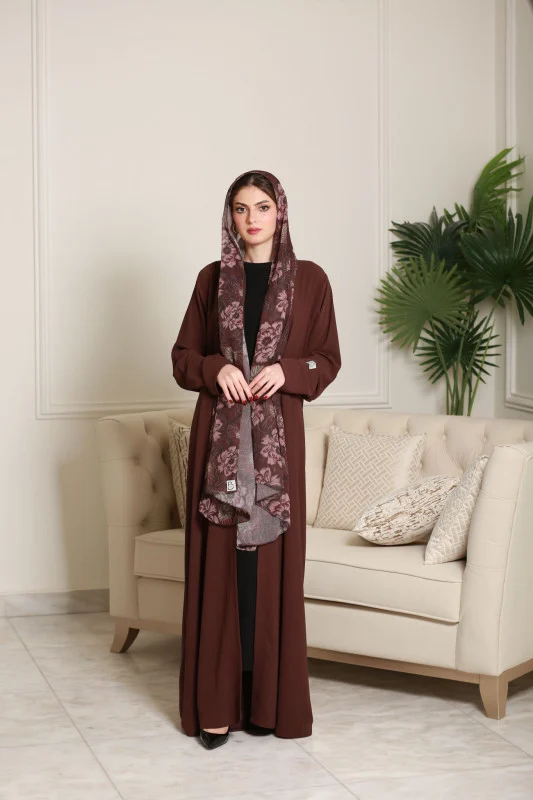 Elegant Brown Abaya with Floral Accents