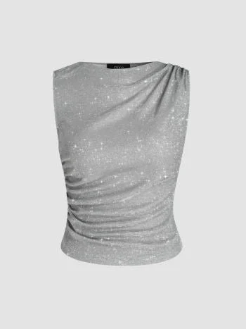 Round Neck Glitter Asymmetrical Tank Top