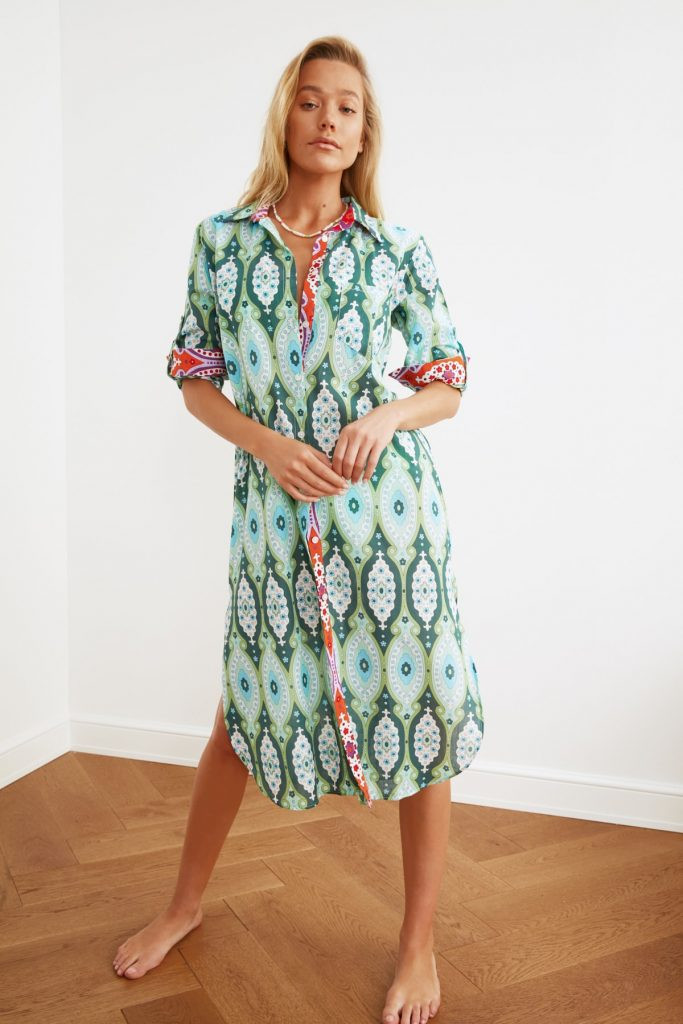 Green Ethnic Printed Long Voile Kimono