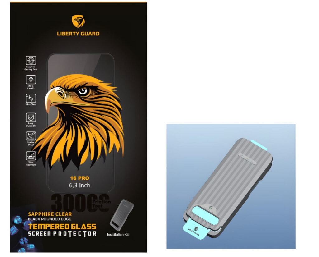 حامي الشاشه ليبرتي جارد بحواف سوداء شفافة وطلاء الياقوت  لأيفون 16 برو Liberty Guard Screen Protector with Clear Black Edges and Sapphire Coating for iphone 16 pro