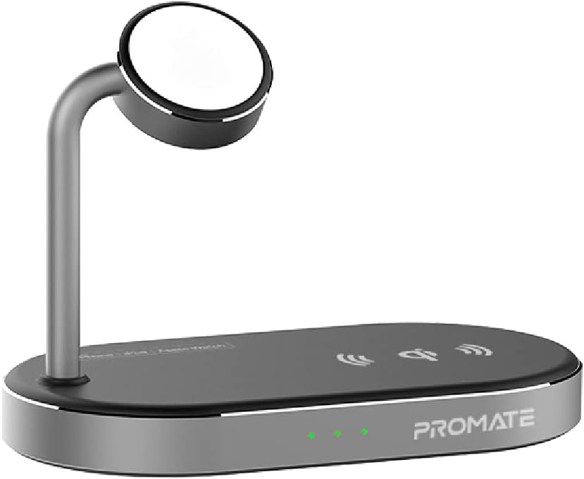 Promate Aluminum Wireless Charger Stand, Multi-Device Charging Station with 15W Qi-Certified Fast Charging Base, 24W SuperCharge USB Port and 5W MFi Certified Apple Watch Charger, WavePower