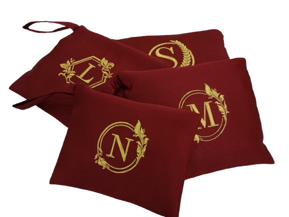 Pouch bags with embroidered letters