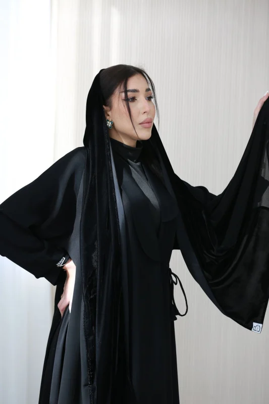 Black Velvet Trim Abaya with Attached Hood