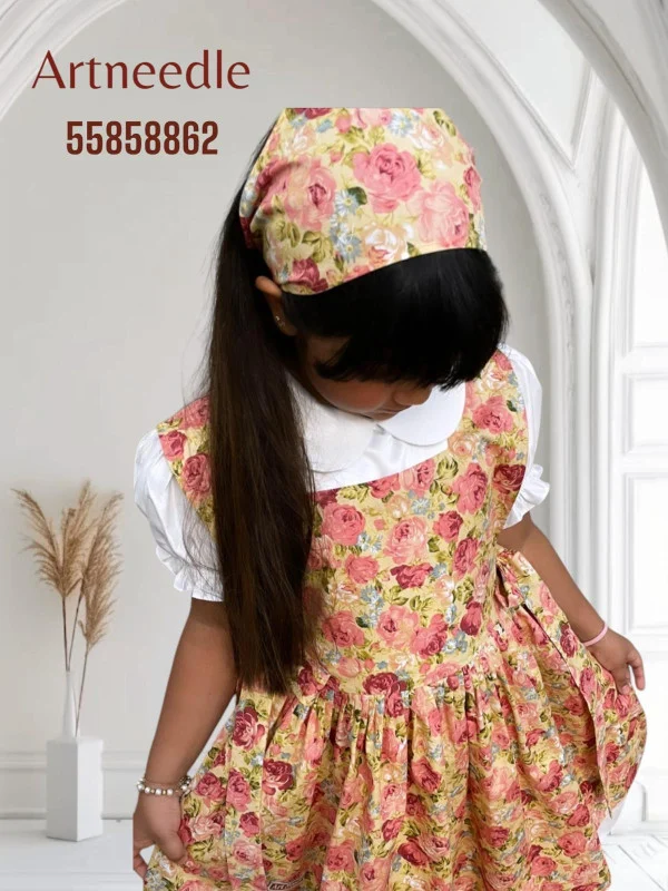 Kids dress set (Inner white dress/Floral apron/floral head scarf)