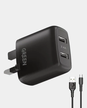 Green Lion Charger Dual USB Port Wall Charger 12W UK with PVC Type-C Cable ? Black