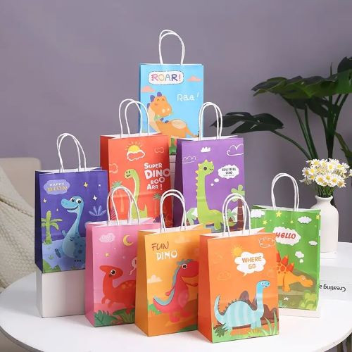 8pcs Kraft Paper Cute Dinosaur Gift Bags With Handle
