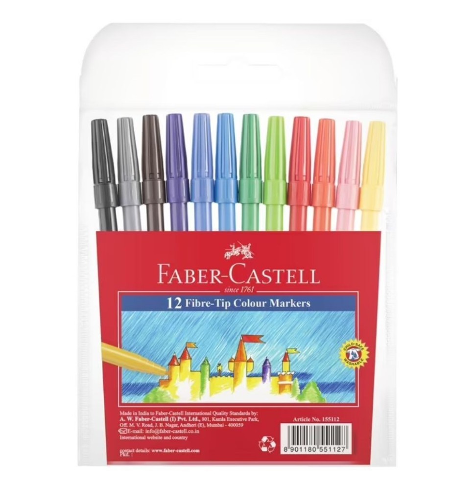 Faber-Castell 12 Fiber-Tip Colour Markers - 1Set