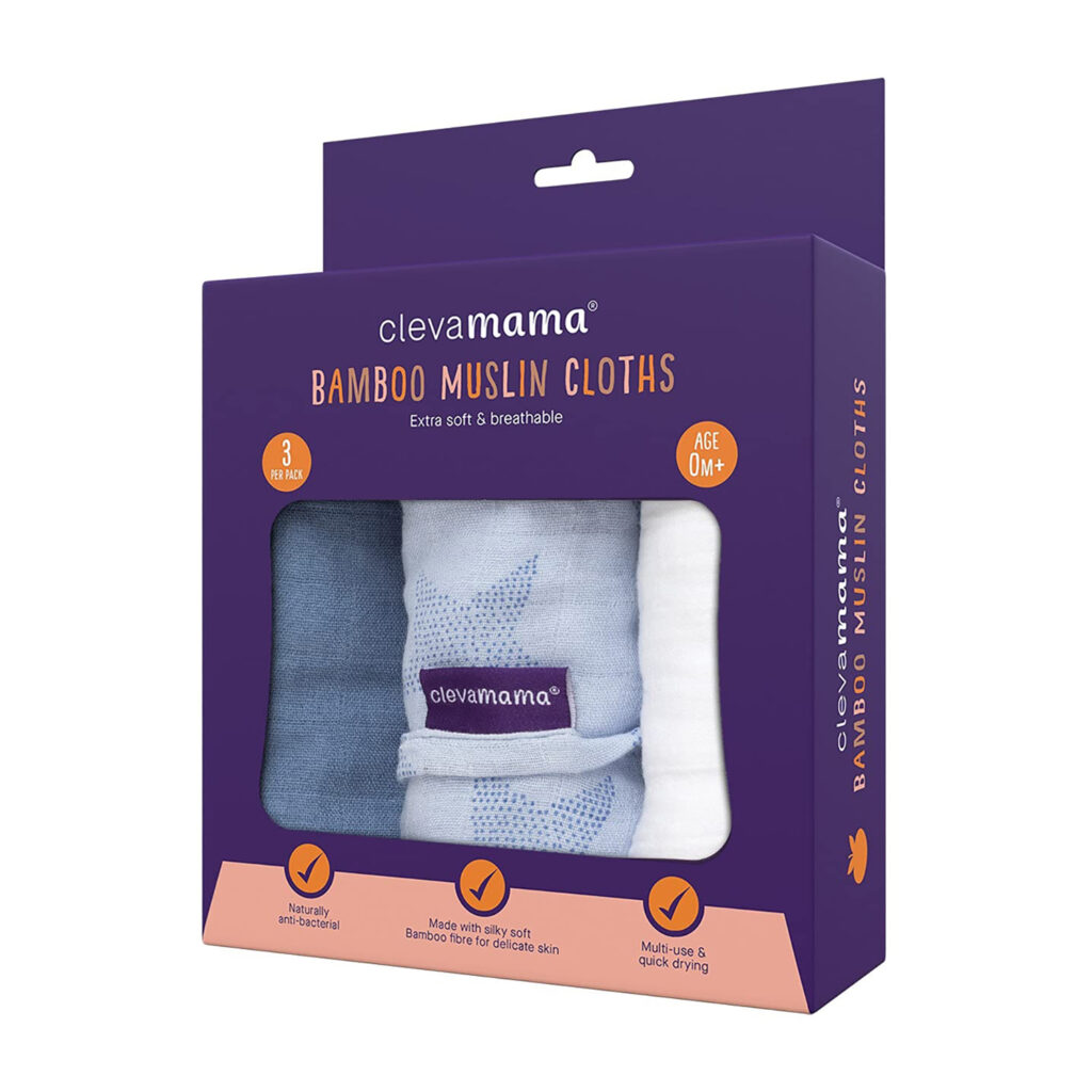 Clevamama Muslin Cloth Set - Super Soft Bamboo & Cotton - Blue (3Pk)