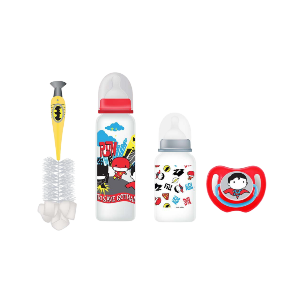 Dc Comics - Baby Feeding 4 Pcs Gift Pack, 0+ Months - Batman/Superman (Bpa Free  1 Bottle 9Oz, 1 Bottle 5Oz, 1 Bottle Brush And 1 Soother.)