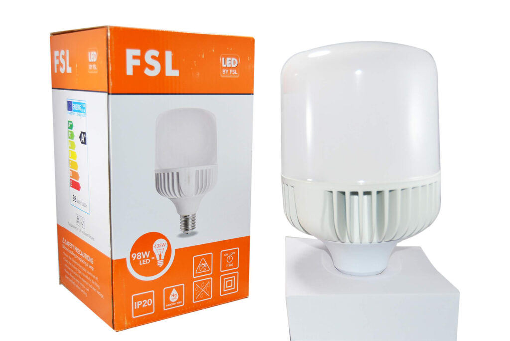 FSL LED Bulb 98W Day Light 6500k E40 220-240VLumens 8100lmVoltage: AC220-240V 50/60HzCRI: >80 Lifetime: 15000hrs IP Protection: IP40Operating Temp: -40"C~50"C